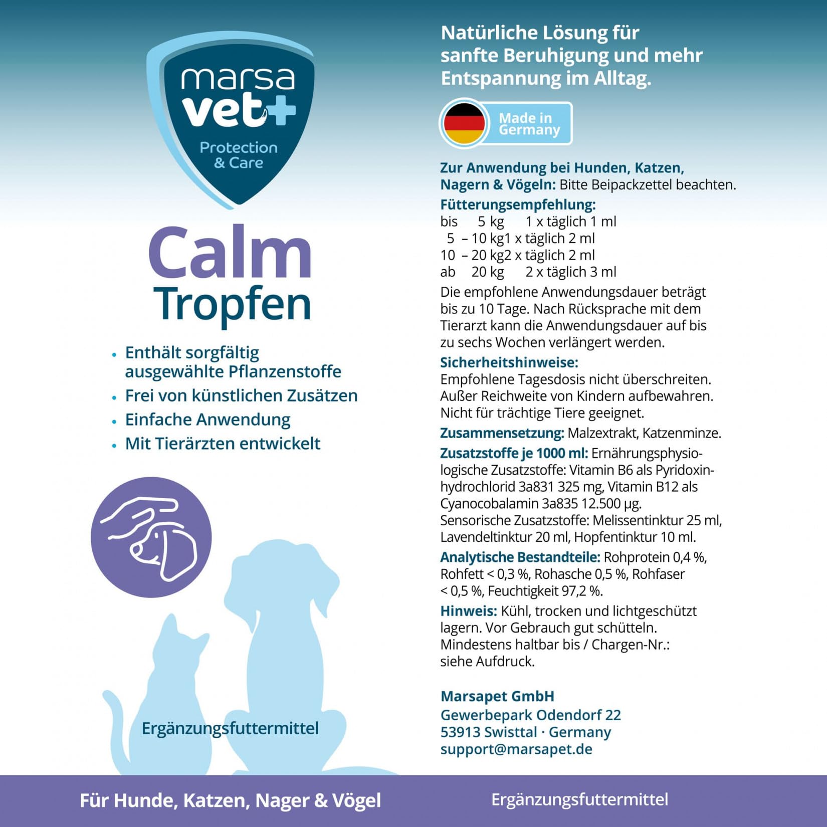 Marsavet Calm Tropfen 100 ml Beruhigung Hund Katze Lavendel