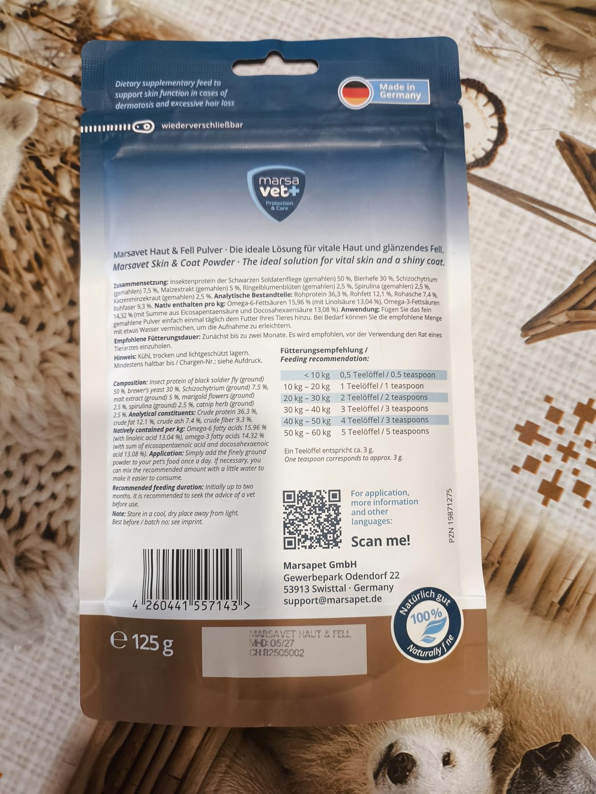 Marsavet Pulver Haut & Fell 125 g Hund Katze Bierhefe
